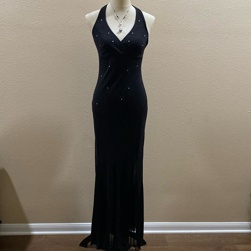 Beautiful black halter evening dress with rhinestones.